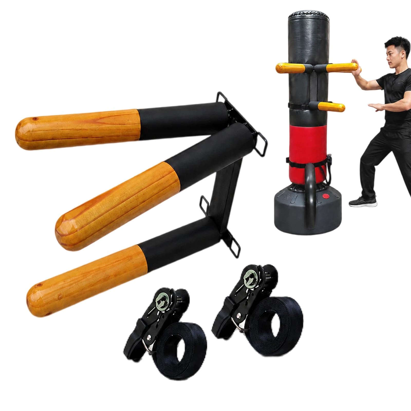 Drewniana przystawka do treningu Kung Fu, manekin Wing Chun montowany | Przyrząd treningowy do sztuk walki montowany na ścianie, wyposażony w 3 ramiona na sprężynach i 1 nogę, idealny do domowej