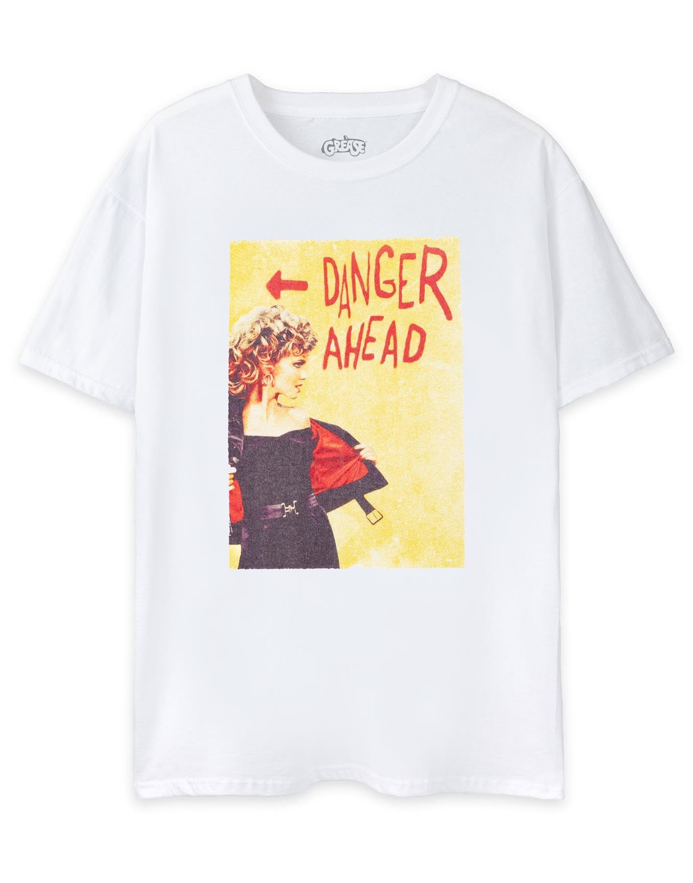 Grease Womens Short Sleeve T-Shirt | Adults Danger Ahead Sandy Fashion Graphic Tee | White Short-Sleeve Iconic Novelty Top | Classic Movie Film Merchandise Gift for Her
