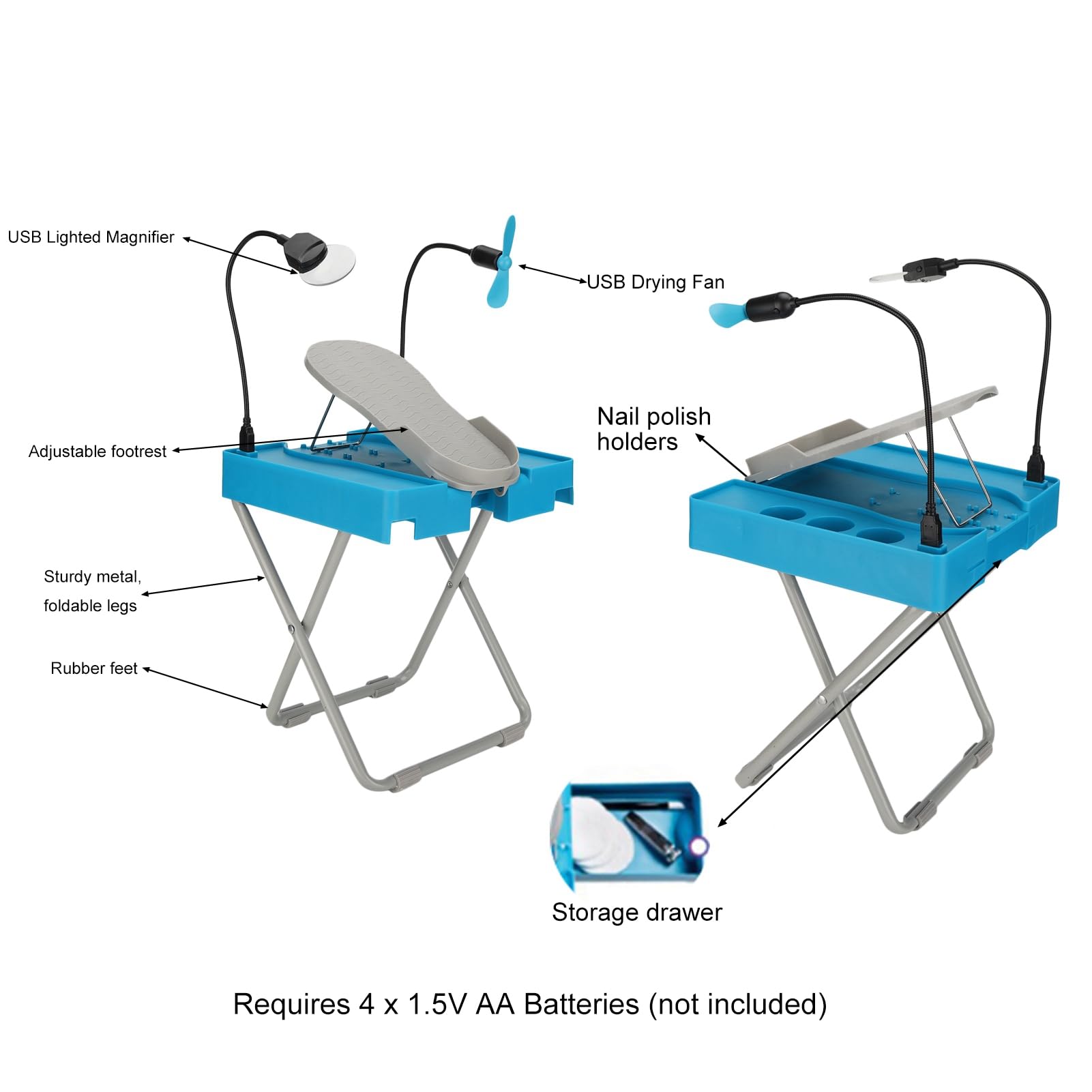 Kit Supporto Regolabile Antiscivolo per Poggiapiedi per Pedicure con Ventola di Asciugatura con Lente D'ingrandimento a LED per Uso Domestico