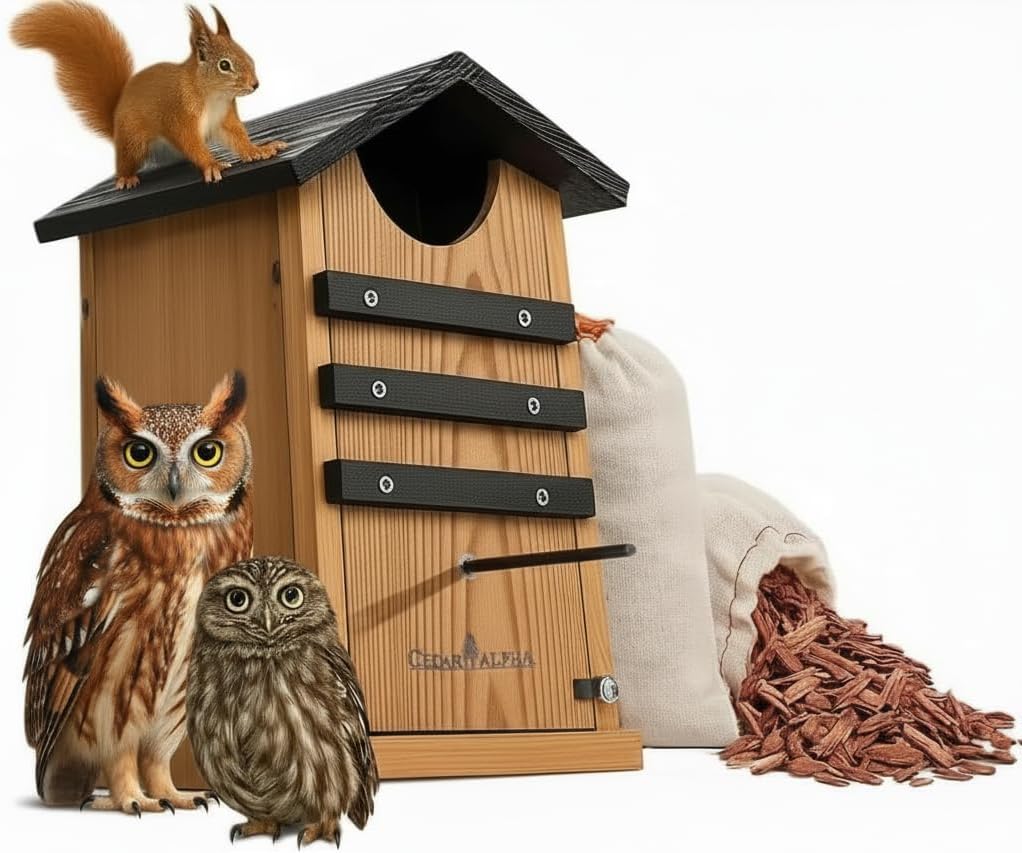 Cedar Screech Owl House Box, Squirrel Nesting Shelter, Large Cedar Bird House for Outside, Rustic Big Birdhouse,Nesting Shelter Nester Heavy Duty, Stainless Steel Perch,Assemble Needed