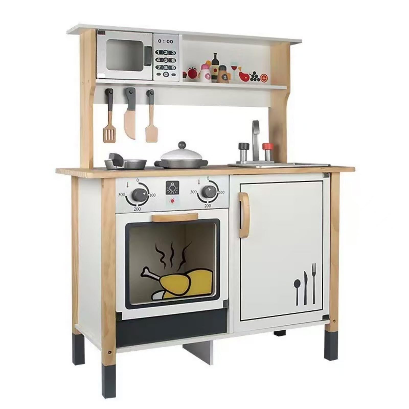 Spielküche Kinderküche Spielset Holzspielzeug Küchenzeile Herd Spülbecken Mikrowelle mit Zubehör Stabiler Aufbau Fördert Rollenspiel für Kinderzimmer, Weiß, Style to 1