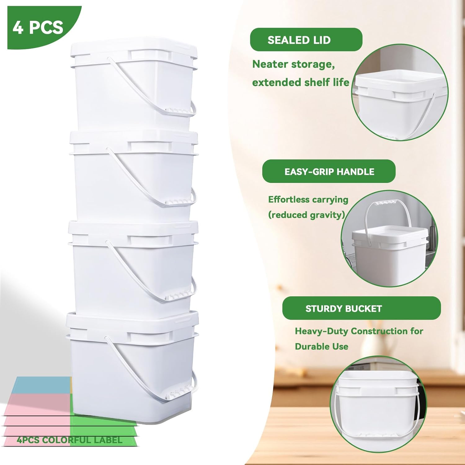 1 Gallon Food Storage Buckets with Lids, 4 Pack Square BPA Free Plastic Containers with Handles and Labels for Rice, Flour, Snacks and Kitchen Storage (White)