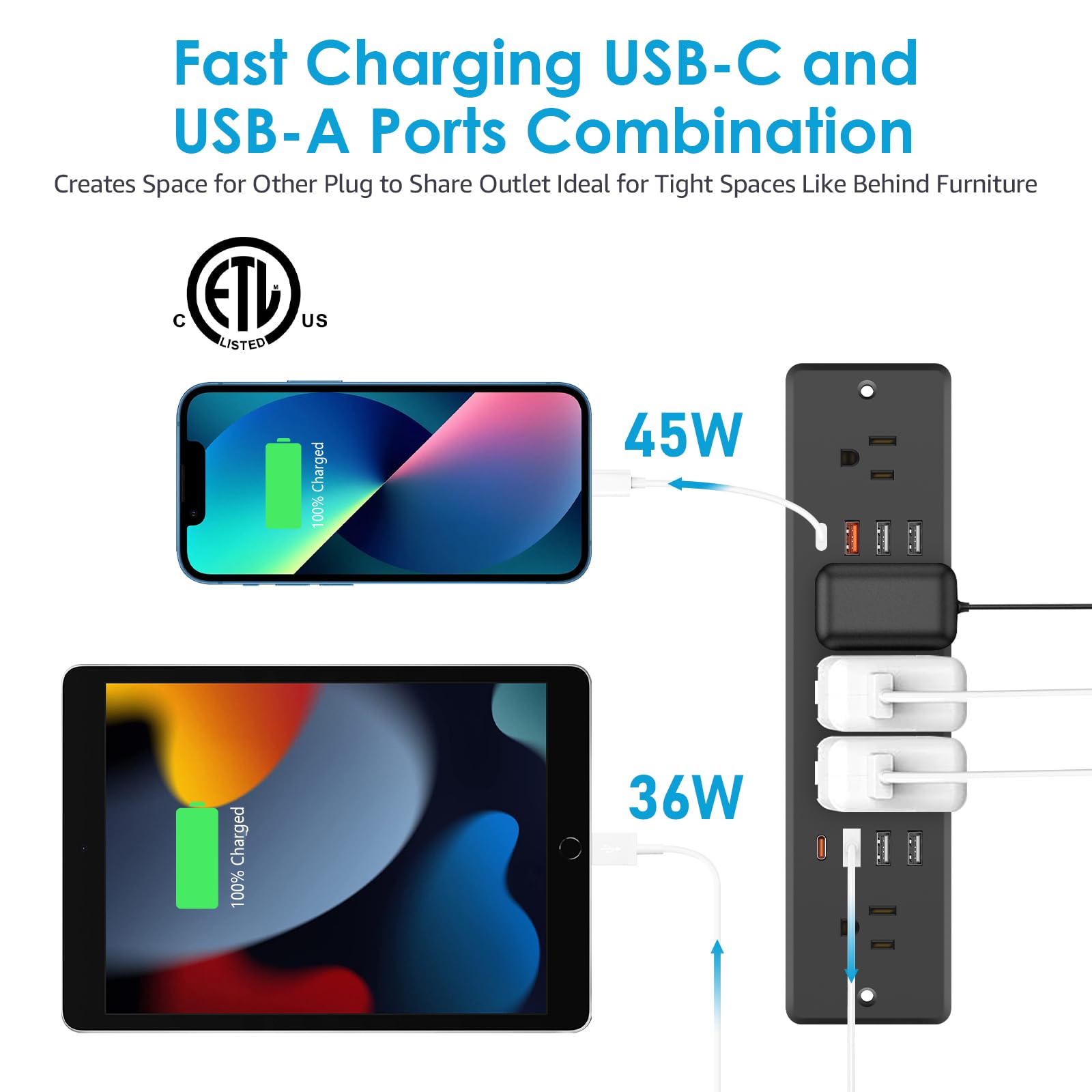 HHSOET - Regleta de alimentación de carga rápida de 45 W, enchufe de muebles 13 en 1 con USB, enchufe de protección contra sobretensiones montado al ras para conferencias con 5 enchufes de CA, 6