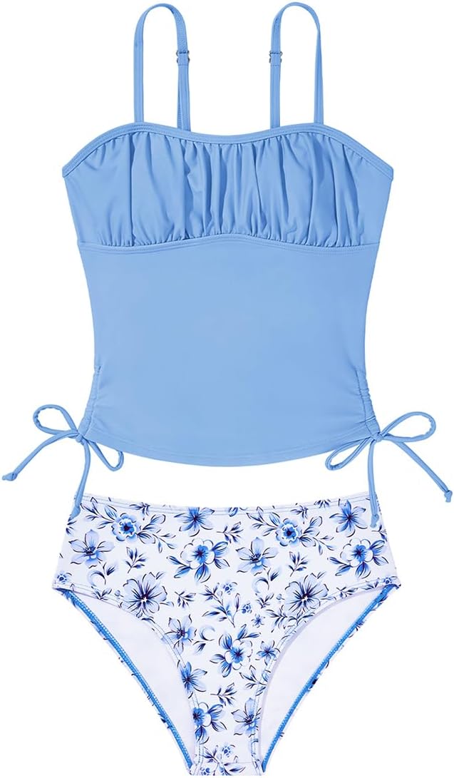 Century Star Girls Tankini Swimsuit with Adjustable Side Ties & Ruched Design, Two Piece Bathing Suit UPF 50+ Teen Swimwear