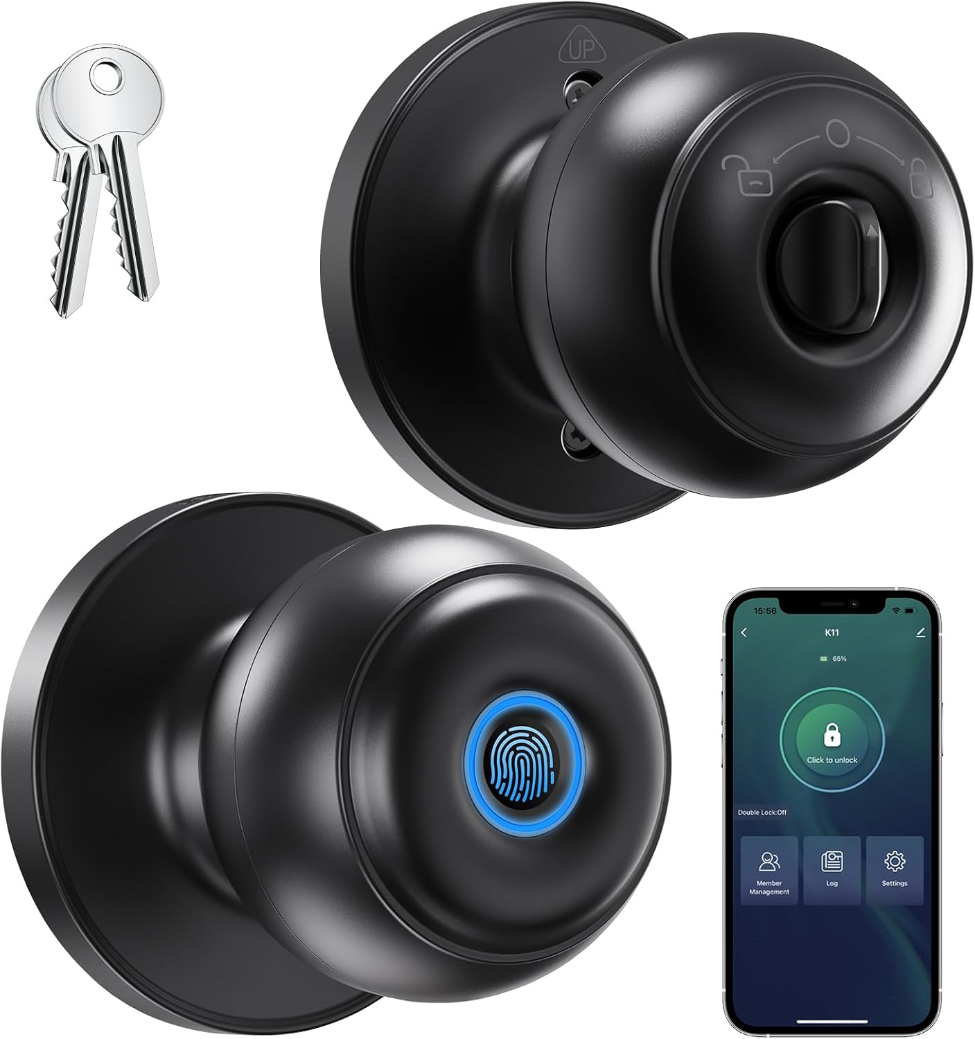GeekTale Fingerprint Door Lock, Smart Lock Door Knob with App, Biometric Door Lock, Thumbprint Door Knob, Smart Fingerprint Door Knob for Bedroom, Office, Apartment