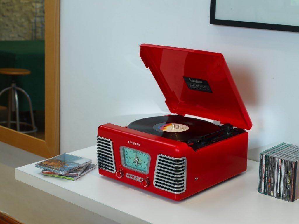 Steepletone Roxy 1 RX1 USB Nostalgic 1960s Style Record Player HIGH GLOSS RED (Music System: Turntable, MP3 Playback, Radio)