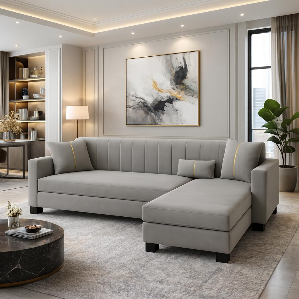 Almeria 4 Seater RHS L Shape Sofa Set | Soft Velvet Suede Fabric | Modern Design | Plush Comfort Cushions for Living Room (Light Grey) Almeria 4 Seater RHS L Shape Sofa Set | Soft Velvet Suede Fabric | Modern Design | Plush Comfort Cushions for Living Room (Light Grey)