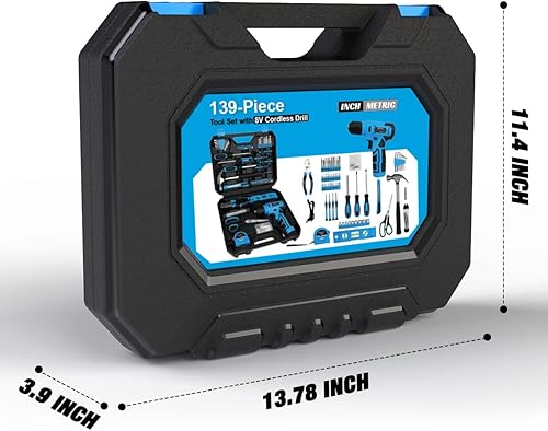 Miniatura 8 de Juego de herramientas de 139 piezas  Kit de herramientas con taladro inalámbrico de 8 V en caja de herramientas, juego de taladros domésticos