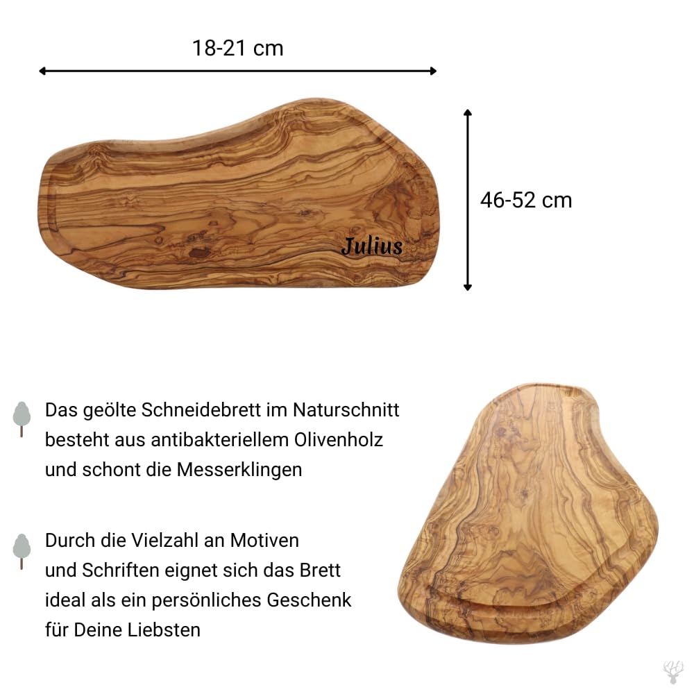 HOFMEISTER® Schneidebrett Olivenholz personalisiert Gravur - Olivenholzbrett Naturschnitt Servierbrett Holzbrett mit Saftrille - Geschenk Hochzeit Einweihung Einzug - Holz, 50 cm
