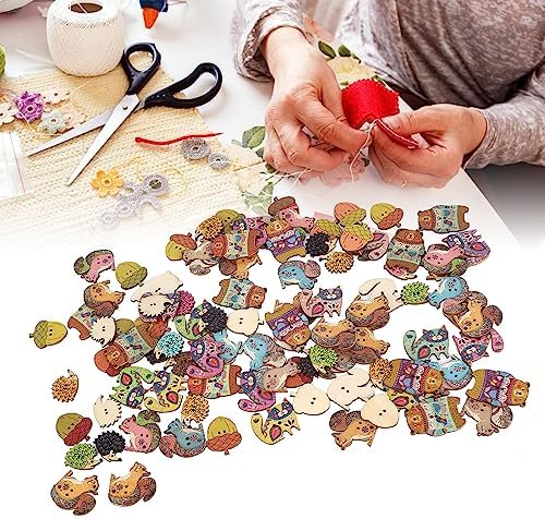 Miniatura 5 de Botones para manualidades, 1.2 pulgadas de largo, lindos animales, coloridos y ligeros, botones de madera para coser, manualidades (animales, 100