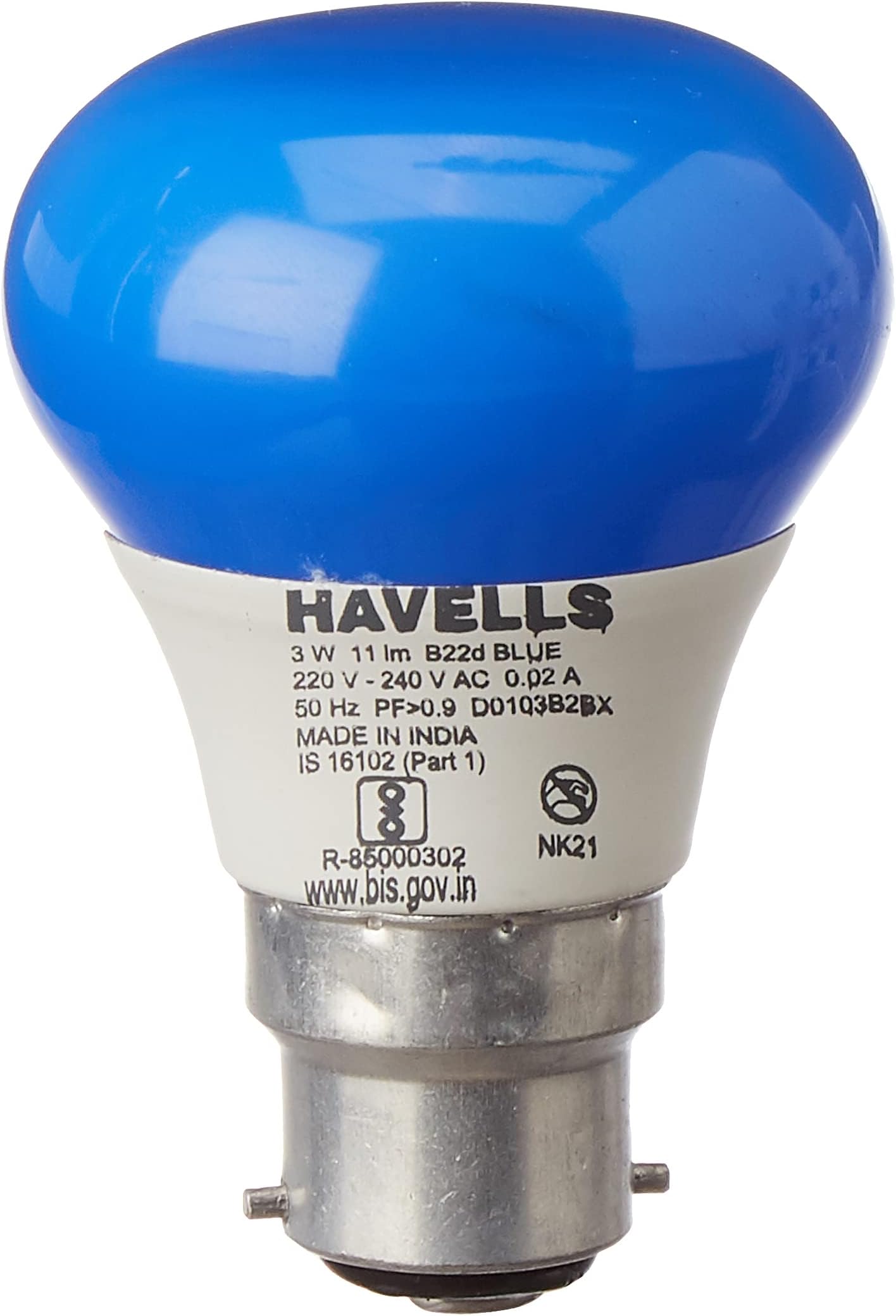 Havells Rojo 3W LED B22 Blue Bulb|Cool Day Light|Energy Efficient|Elegant Design|Upto 15000 Hours of Lighting|Upto 4KV Surge Protection |Made in India|Pack of 1
