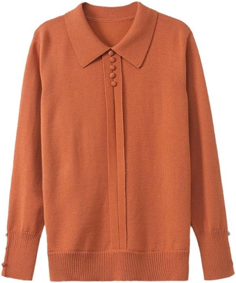 Long Sleeved Knitted Top with Sweater On for Women's Autumn Wear Lapel for Mother's Bottom