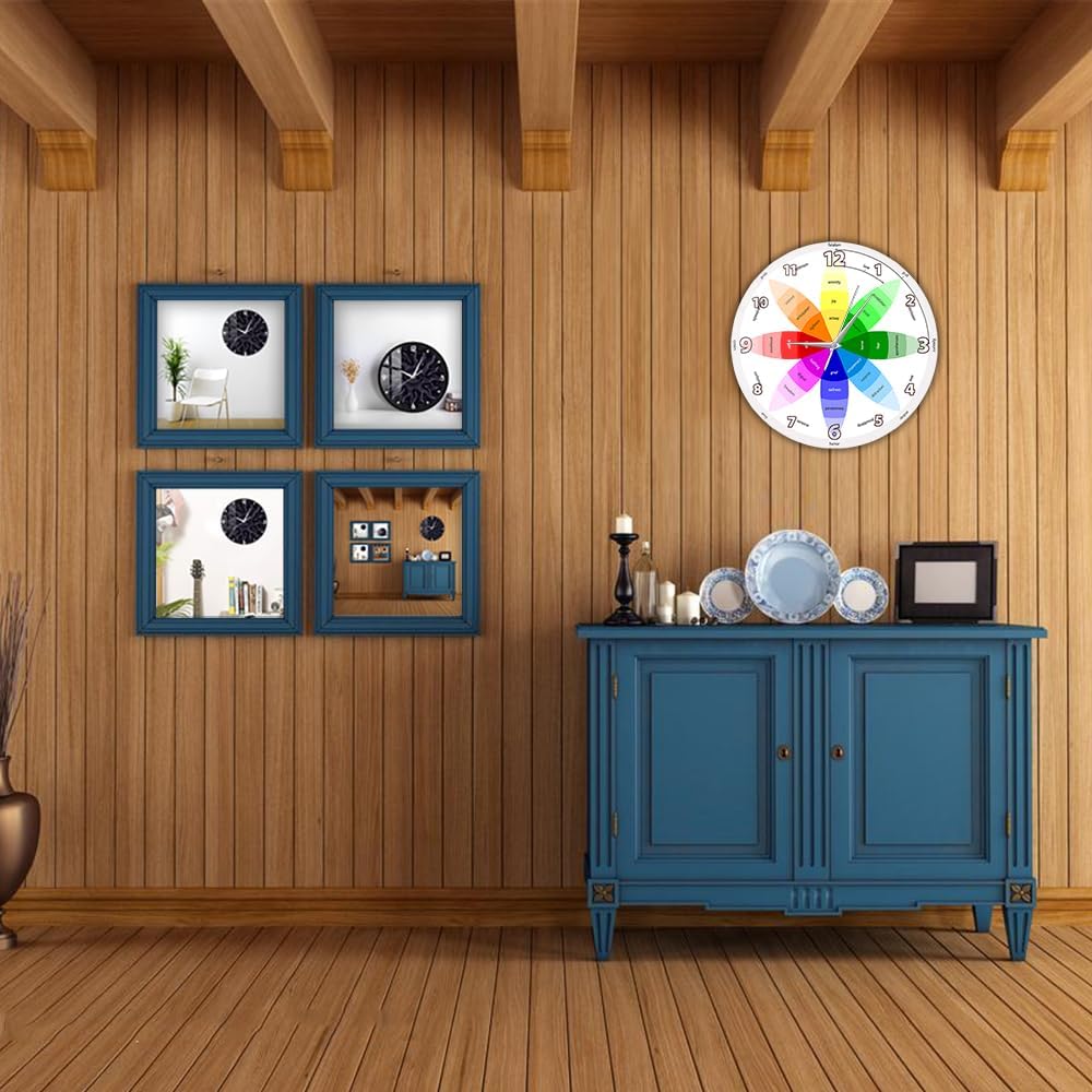 12'' Plutchik's Wheel of Emotion Wall Clock, Emotion Regulation Emotions Color Wheel Art Decor Clock Silent Movement Battery Operated Wall Watch Clock for Therapist Office Psychologist Gift