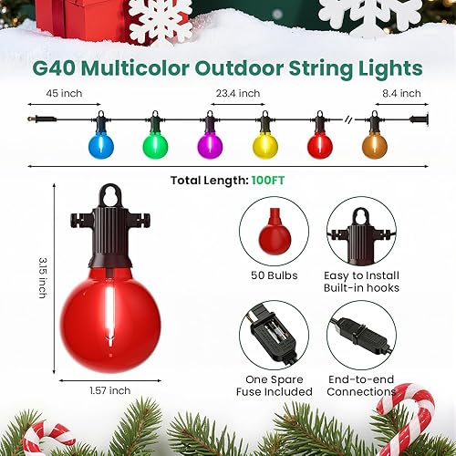Miniatura 4 de Guirnalda de luces de Navidad para exteriores de 100 pies, luces de patio de colores, luz colgante regulable inastillable con 50 bombillas LED G40,