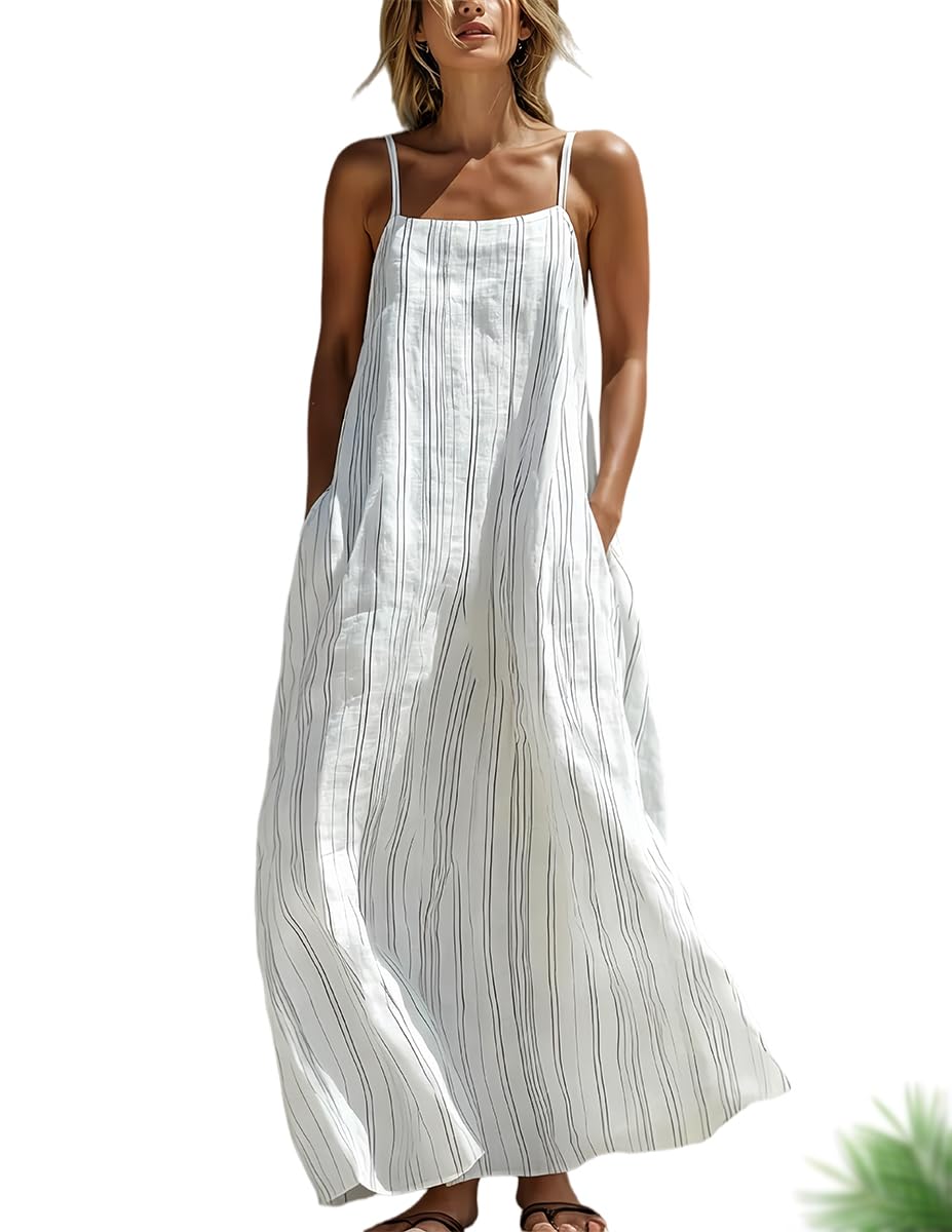Vestido Largo Casual para Mujer, sin Mangas, de Tejido Blanco con Rayas Verticales, de Corte Holgado; Vestido de Verano de algodón y Lino de Ajuste Relajado