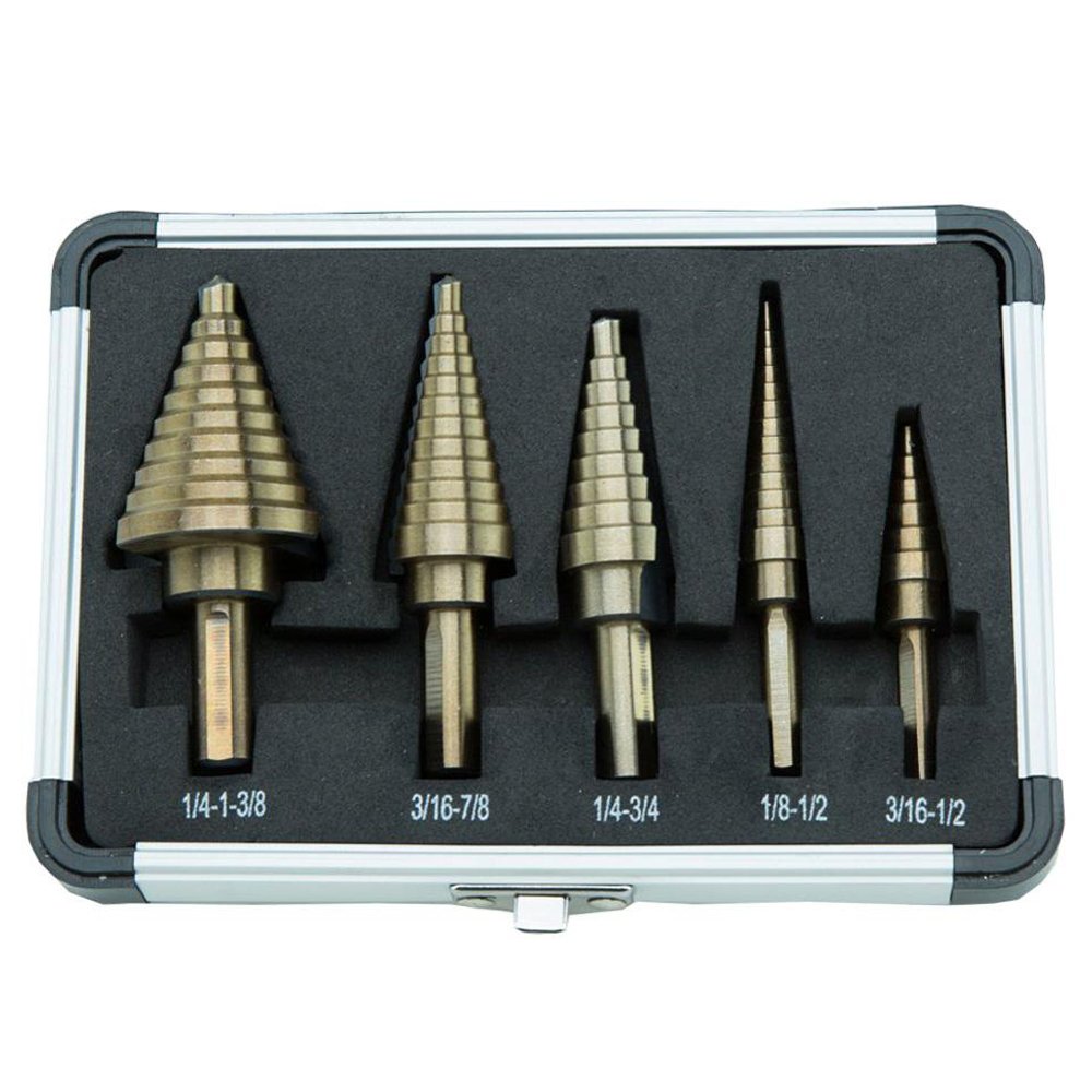 ANLINANLIN 5-Piece Inch Step Drill Bit Set HSS Cobalt Multiple Hole 50 Sizes 1/4 and 3/8 Inch Shanks SAE w/Aluminum Case Metal Cutter