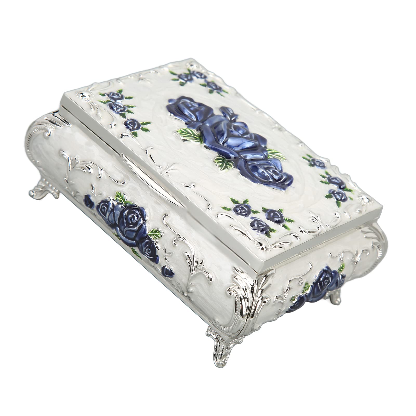 HLHLH Rectangular Rhinestone Metal Trinket Box with Embossed Floral Design(Medium Silver White Blue Rose)