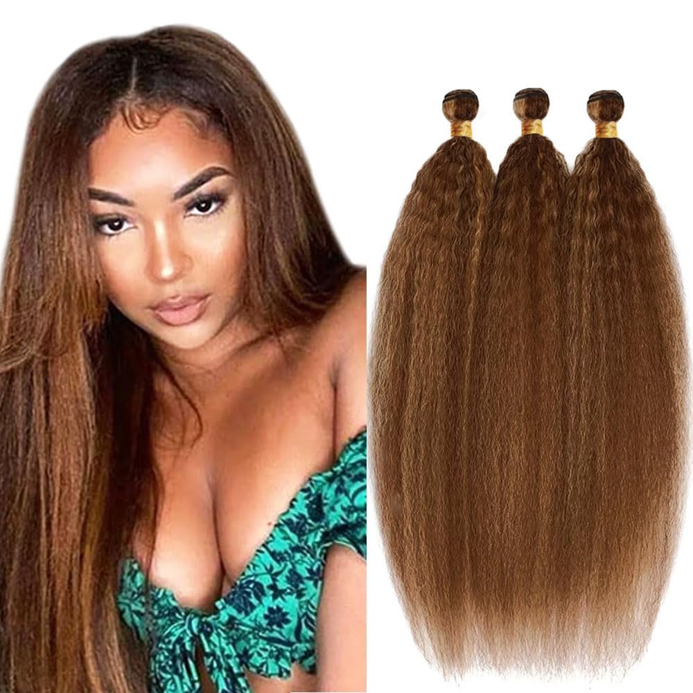 Creuost P4/30 Highlight Brown Color Yaki Wave Human Hair Bundles 26 28 30 Inch Doubles Weft Real Unprocessed weft 3 bundles Total 300g Human Hair Extension For Woman