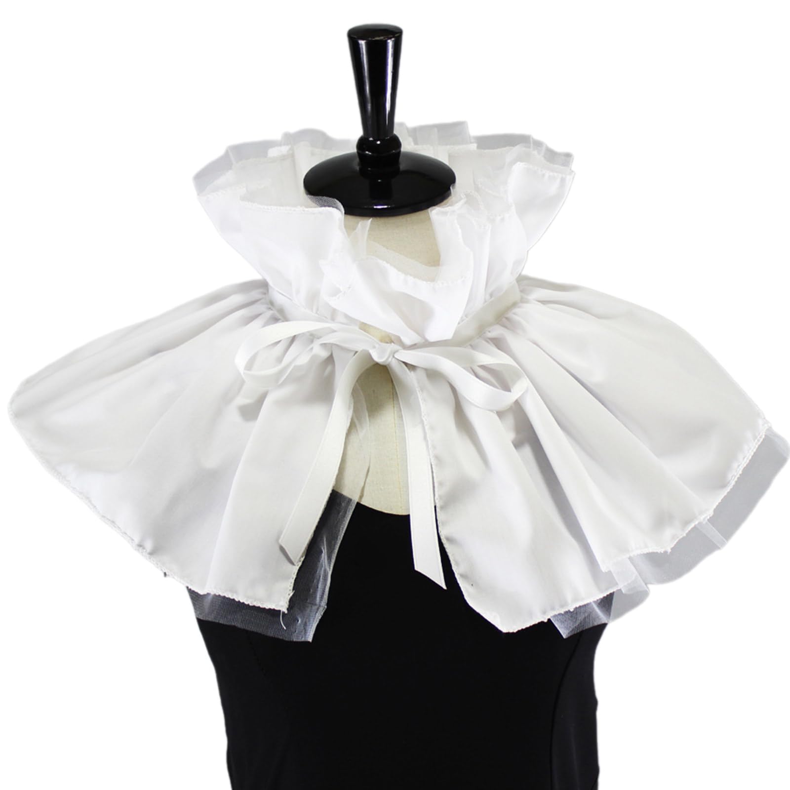 Womens Victorian Double Layer Mesh Ruffled Fake Collar Lace-Up Choker Shawl Vintage Exaggerated Neck Ruff