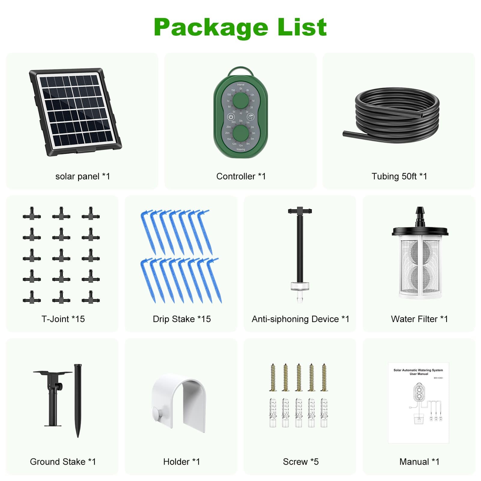 Automatisches Solar-Tropfbewässerungssystem, 15 m, solarbetriebenes automatisches Pflanzenbewässerungs-Set, unterstützt 15 Töpfe, Innen- und Außenbewässerungsset für Garten, Balkon und Terrasse
