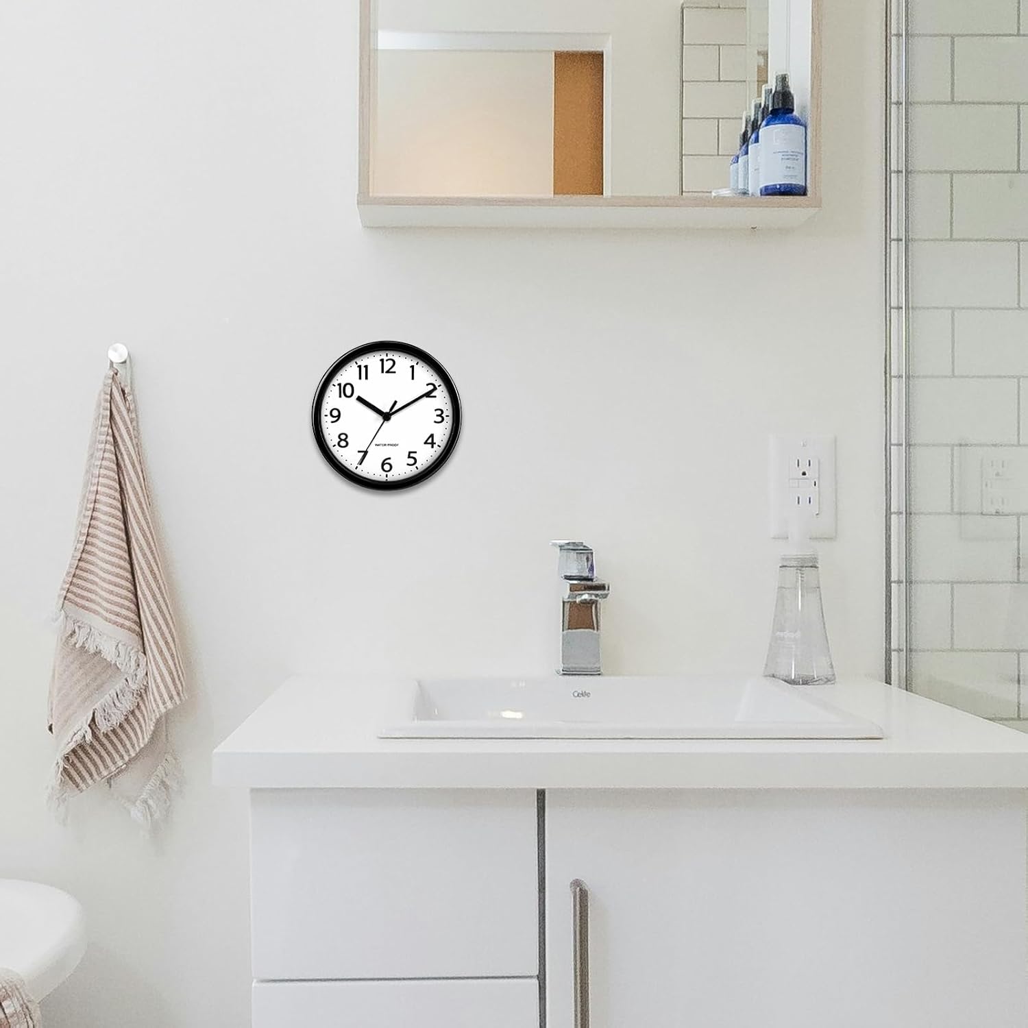 Caysie 6 Inch Waterproof Bathroom Shower Clock, Hanging or Standing Silent Battery Operated Quartz Magnetic Wall Clocks for Kitchen, Bathroom, Home (Black)