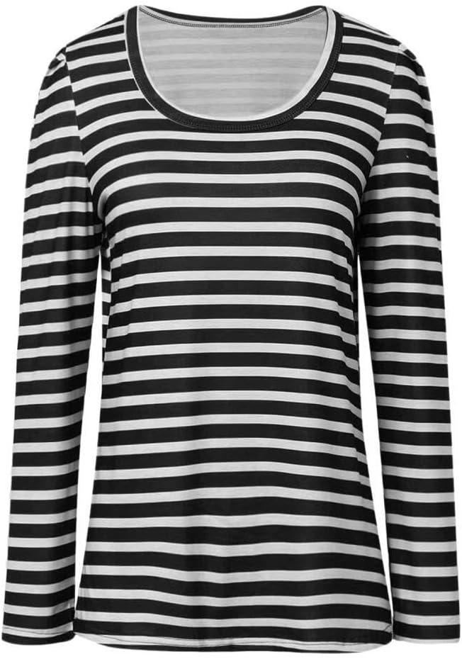 FMCHICO Women's Puff Long Sleeve Striped Tops Crew Neck 2024 Fall Casual Basic Tee Shirts
