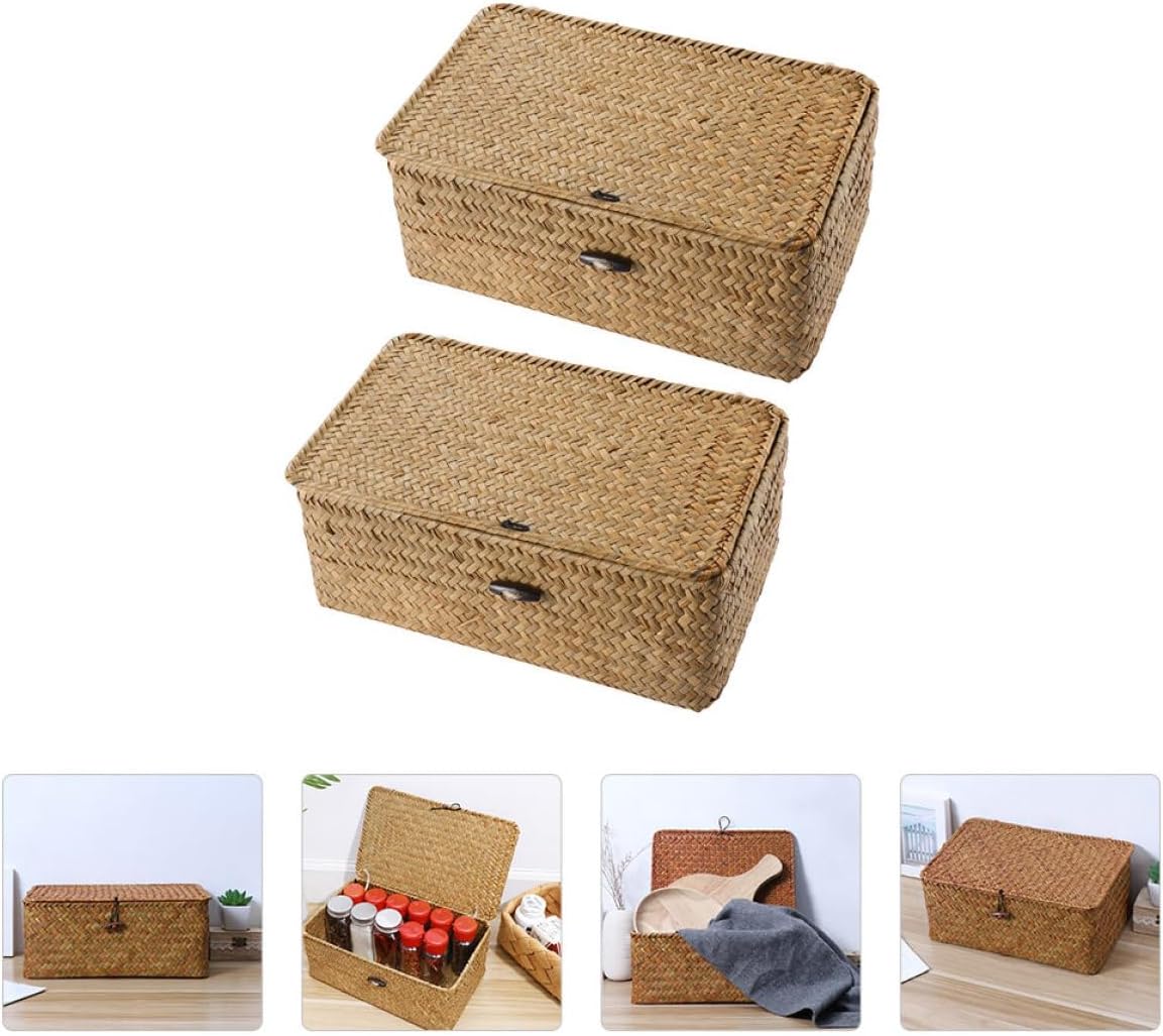 Operitacx Seaweed Storage Basket with Lid 2pcs Set, Handwoven Woven Organizer Boxes for Closet and Pantry, Medium (26x16x10cm) and Large (29x19x12cm) Storage Containers