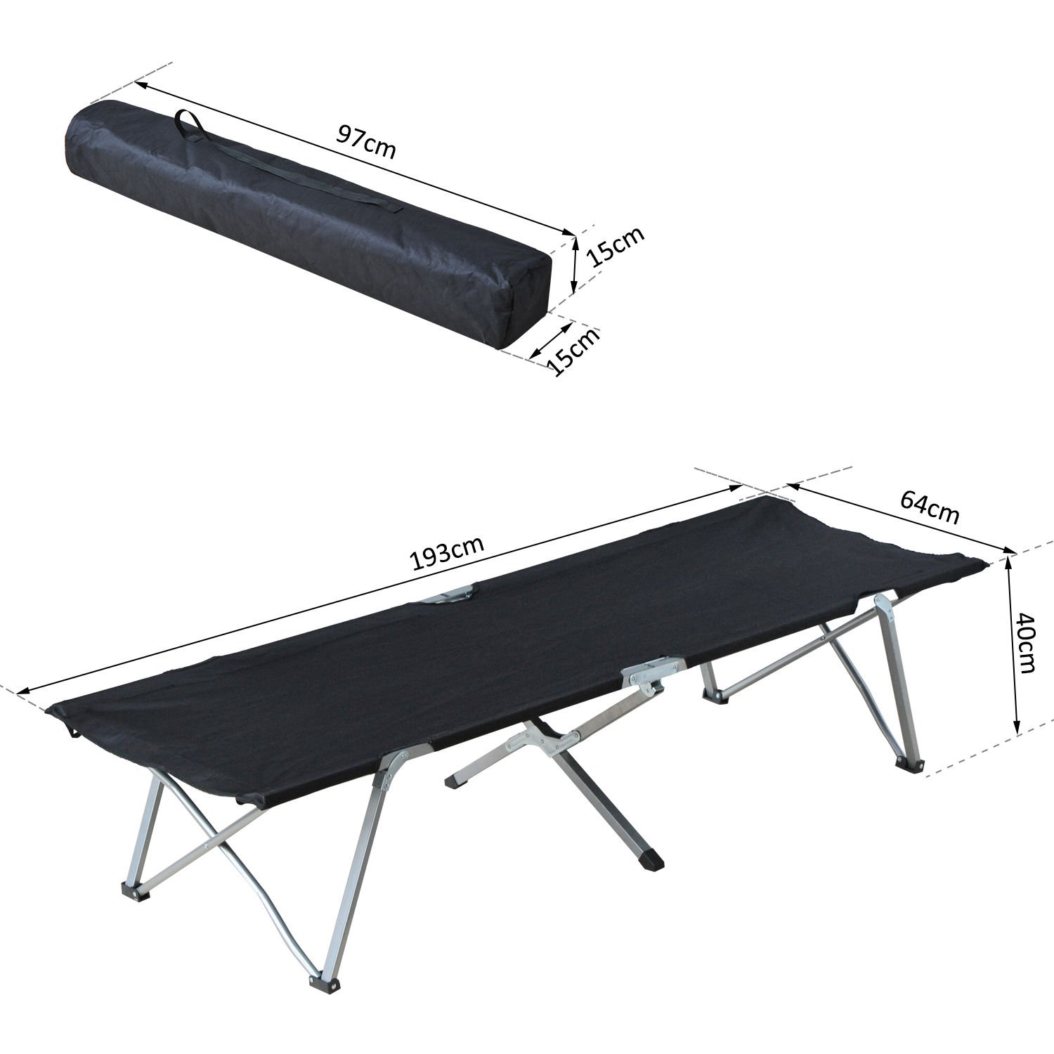 Outsunny Składane łóżko kempingowe Obciążenie 136 kg 193x64x40 cm Czarny | Łóżko polowe, tkanina Oxford 600D, metalowa rama, na plażę, wędrówki