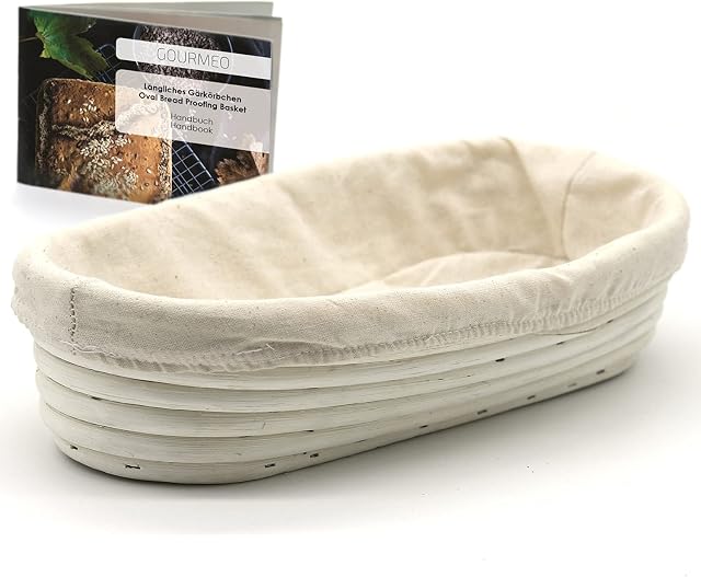 Kagen fermentation basket, oblong, 27.5 cm x 13.5 cm, made of natural rattan-baking basket, bread basket, fermenting basket, bowl, for home-baked bread with the typical bakery pattern