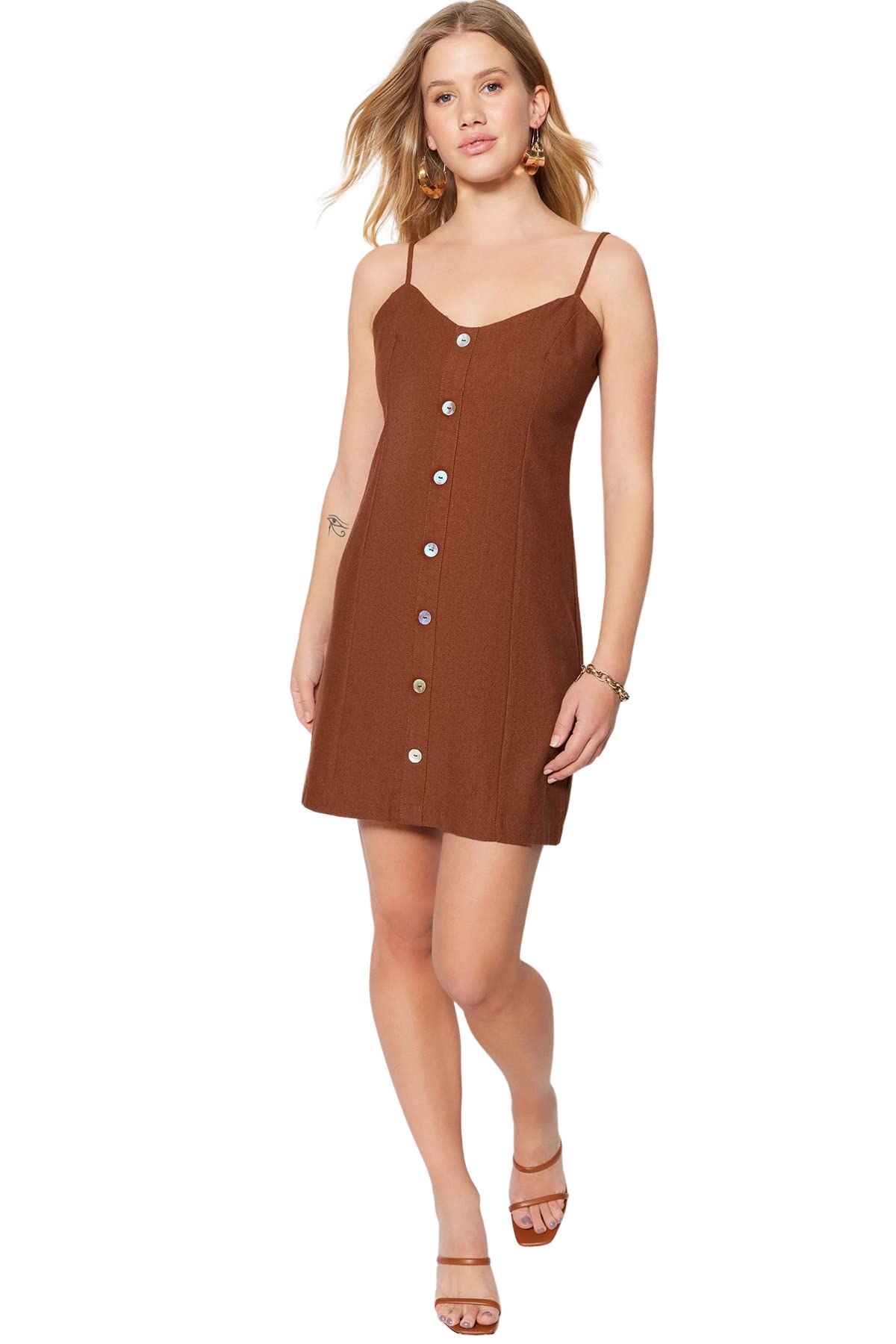 Trendyol Damen Braun Women Petite Mini Shift Regular Fit Woven Dress Kleid, 30