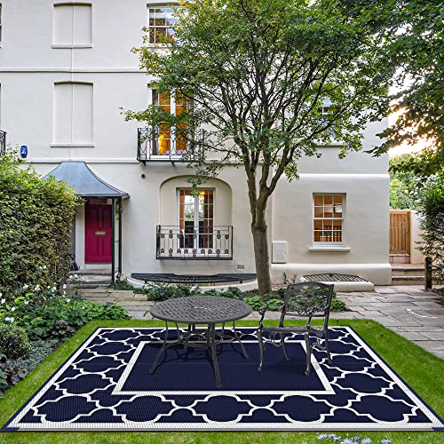 Genimo 6'X9' Outdoor Rug For Patio,Reversible Plastic Waterproof Rugs,Clearance Mat,Rv,Camping,Deck,Porch,Camper,Balcony,Blue & White #TOP3