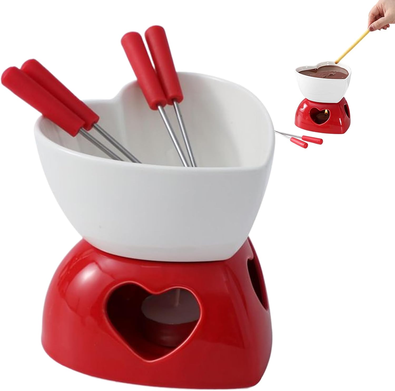 Ceramic Heart Fondue Cup - Mini Chocolate Melting Pot, Dessert Cup with Ceramic Construction, Included Forks for Easy Serving with Portable Tabletop Design, Sweet Treat Accessory for Cheese