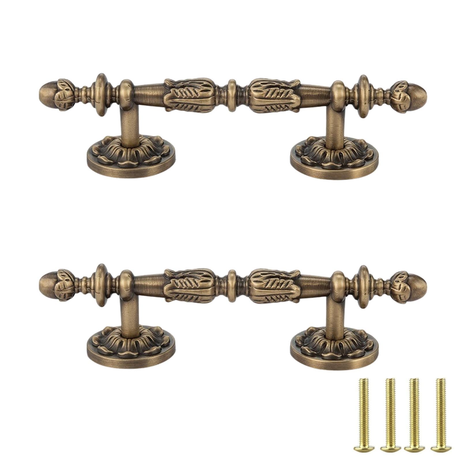 PIYYQNY Cabinet Knobs 2-Pack Solid Brass Printed Cabinet Handles Vintage Brass Wardrobe Handles Cabinet Door Drawer Decorative Handles (Hole Center 86mm/3.4in)