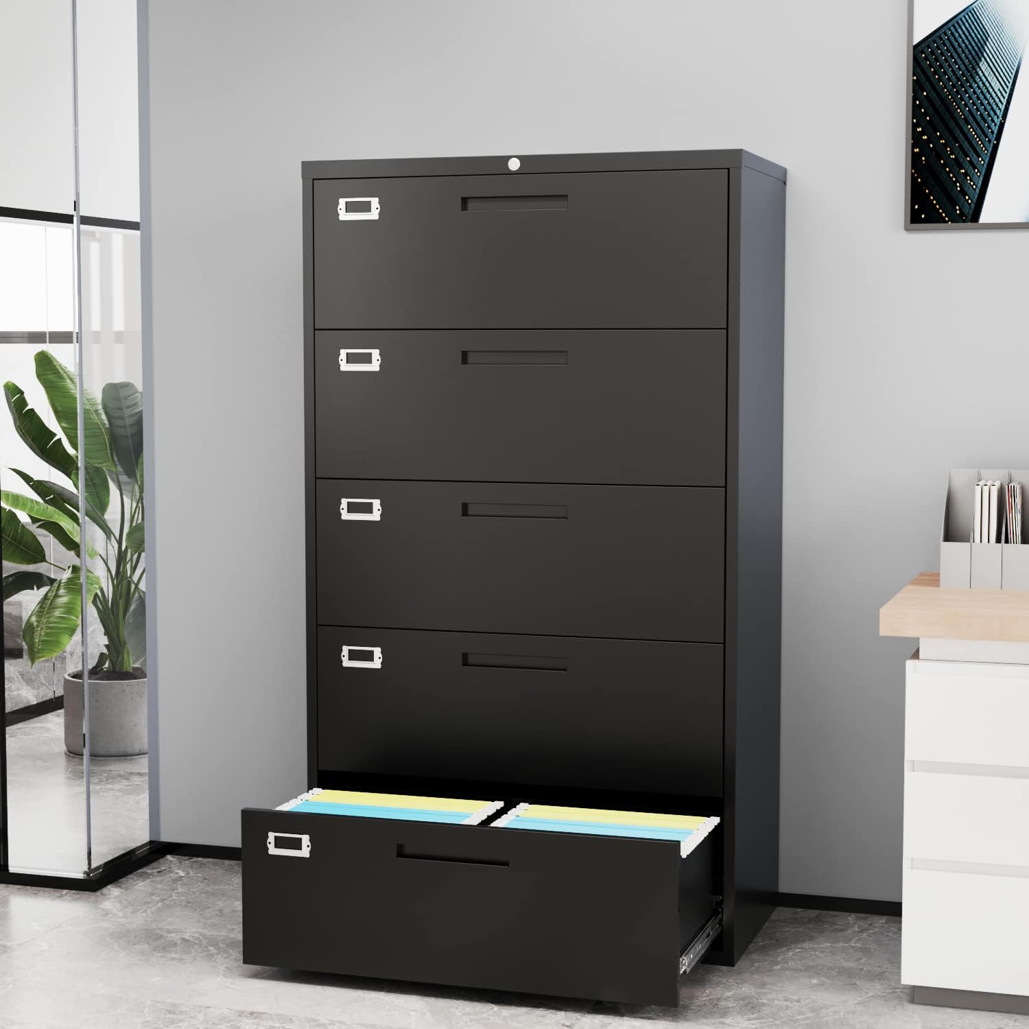 Fesbos Lateral File Cabinet with 5 Drawers - Metal Steel Filling Cabinets for Home Office - Lockable Storage Cabinet for Hanging Files Letter/Legal/F4/A4 Size-Assembly Required