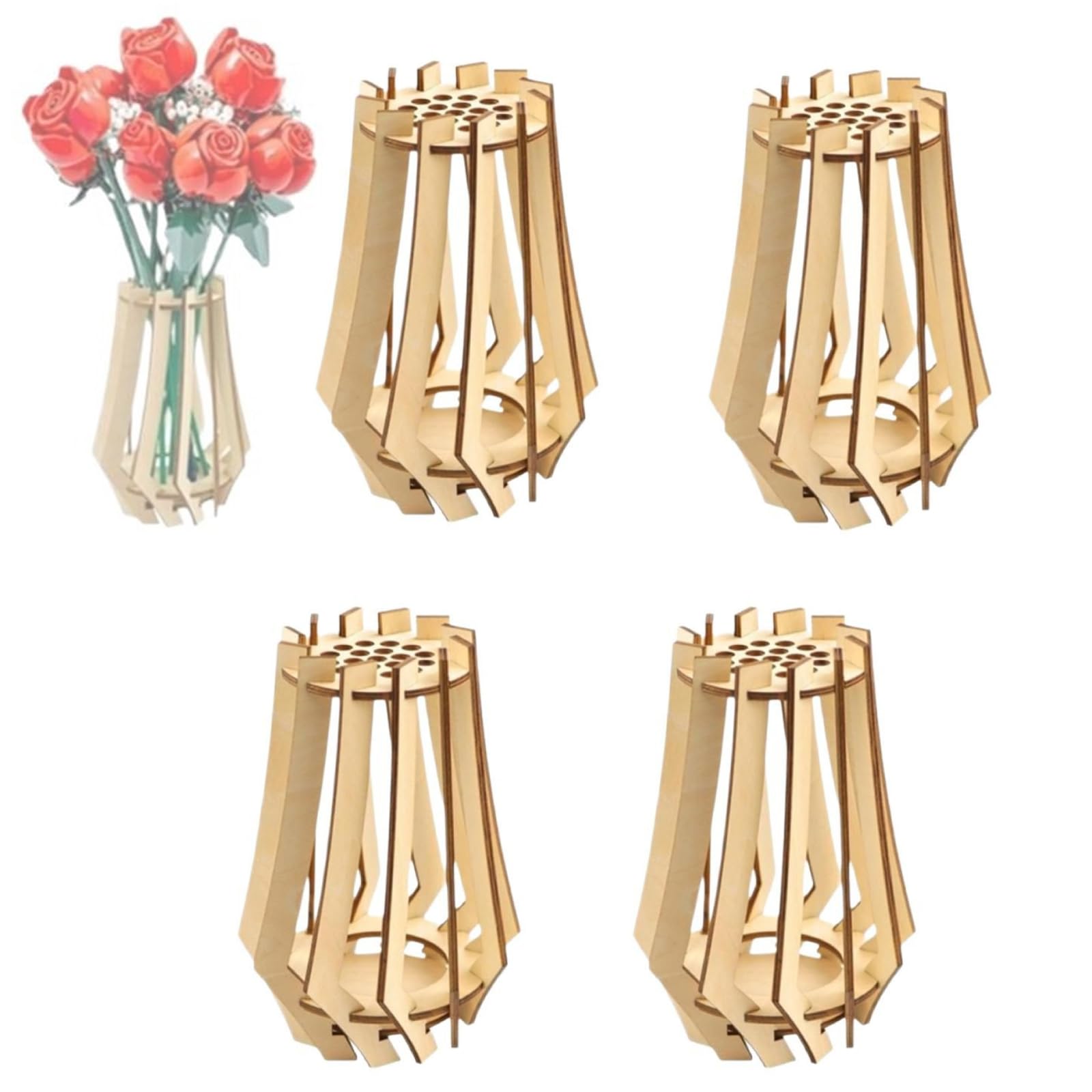 4 Piezas Jarrón de Madera para Flores, Jarrón de Flores de Rompecabezas de Madera para Ramo Jarrones Boho DIY, Jarrones de Rompecabezas para Rosas Flores de Cerezo Girasoles y Tulipanes