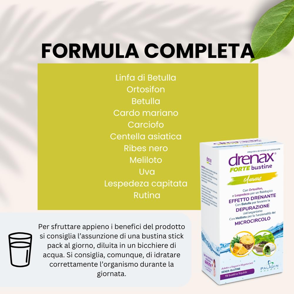 Drenax Forte Bustine Ananas – Integratore Alimentare Drenante con Betulla, Ortosifon e Lespedeza – Supporto al Drenaggio dei Liquidi e alla Funzionalità del Microcircolo – 15 Bustine