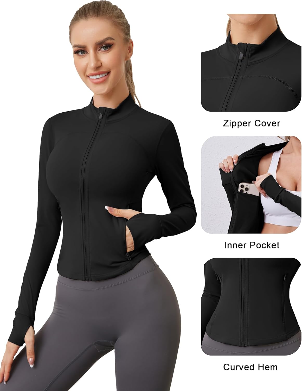 AKEWEI Womens Zip Up Workout Jackets Lightweight Athletic Slim Fit Track Jacket with Inner and Outer Pockets and Thumb Holes - Image 4