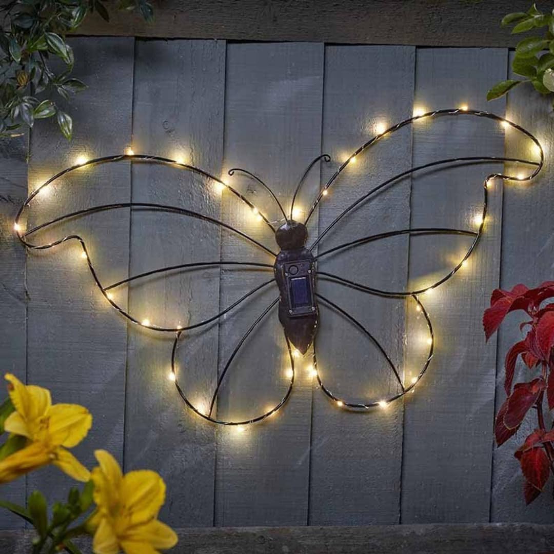 Garden Mile Large Solar Butterfly Wall Light Outdoor - 40 LED Warm White Solar Powered Garden Wall Decor, Metal Wire Butterfly Solar Lights for Fence, Patio, Balcony & Garden Ornaments Outdoor