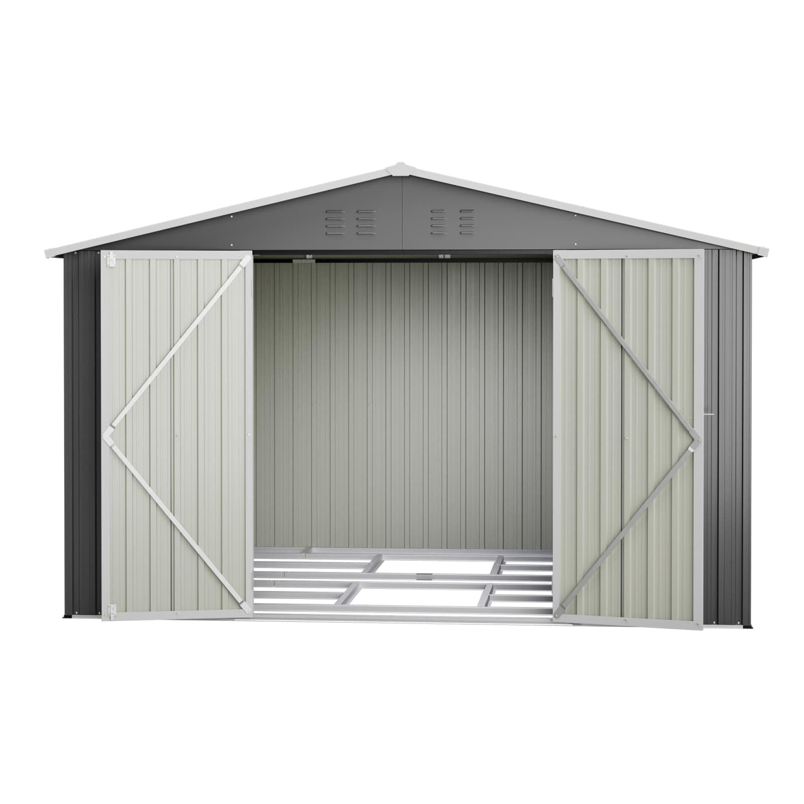 KOMHTOM 10x8 FT Abri de Jardin Métal avec Fondations (Gris-10x8 FT) | Rangement Outils de Jardi, avec Serrure, 4 Aérations, Résistant aux Intempéries, avec Piquets Métalliques