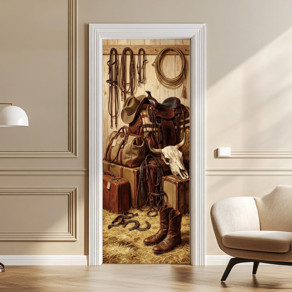 arricraft 2 Pcs 3D Self-Adhesive Door Sticker, 31.5"x78.7" Western Cowboy Horseshoes Cowboy Hat Cow Skull Decorations Door Murals Stickers PVC Removable Wallpaper Decoration for Bedrooms Living Room