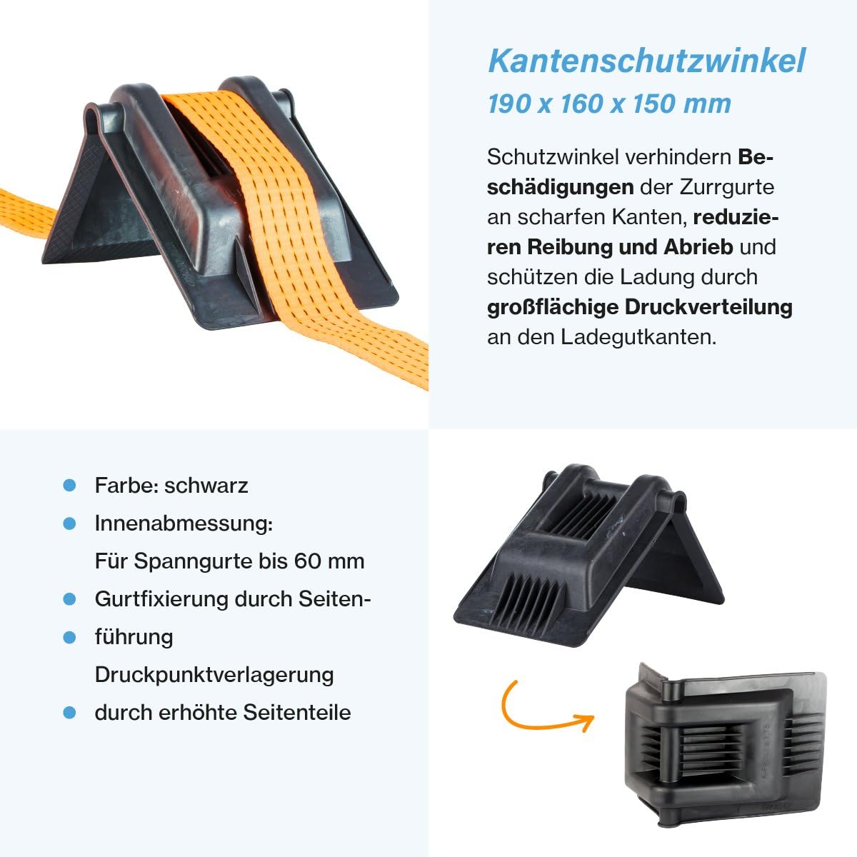 Safetytex Kantenschutzwinkel aus Kunststoff - Stabiler Schutz für Ihre Ware - Für Spanngurte bis 60 mm - 190 x 160 x 150 mm - Gurtfixierung durch Seitenführung - Druckpunktverlagerung (4 Stück)