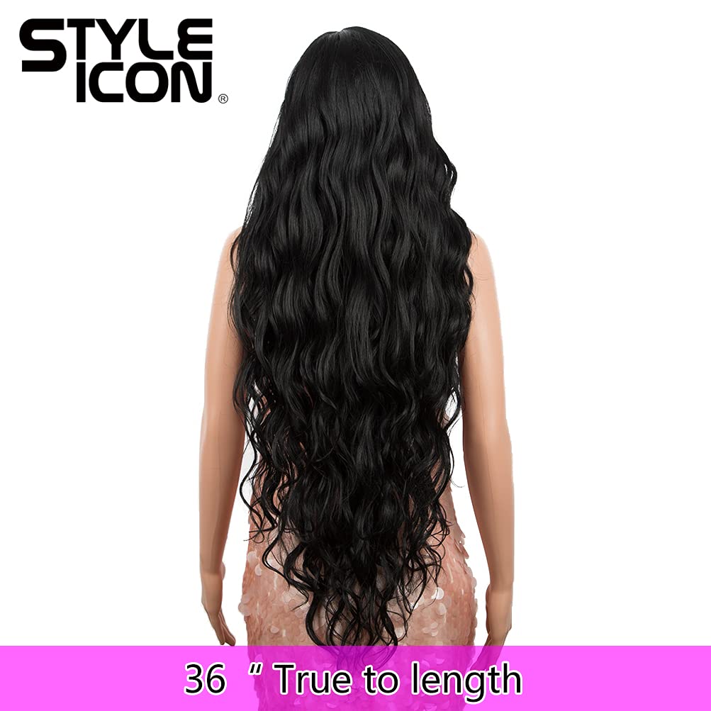 Style Icon Easy-360 36" Free Part Lace Frontal Wigs Super Long Multi-Layered Big Curl Wig Synthetic Wig (36 Inches, 1B)