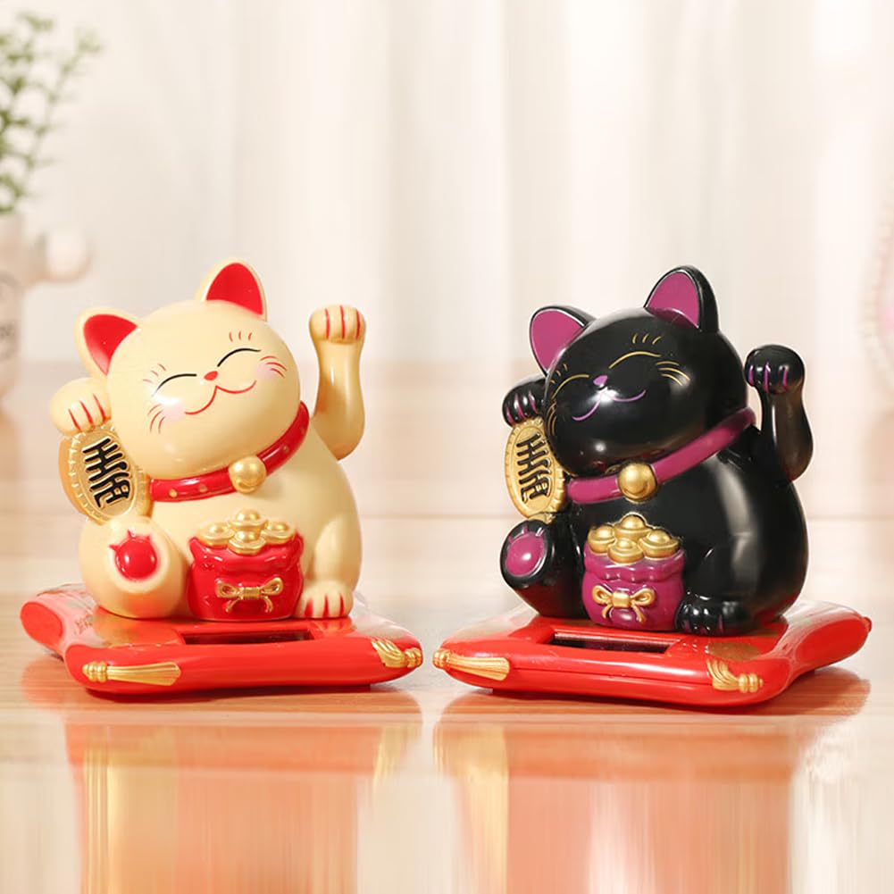 Gatto Ondeggiante Solare, Maneki Neko Fortunato, Alimentato Ad Energia Solare per Negozi, Ristoranti E Decorazioni per La Casa (Nero)