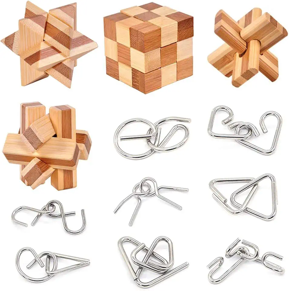 Bamboo 3D Puzzle Metal Brain Teasers Puzzles Mind Game Toys Set for Teens and Adults Pack of 12pcs