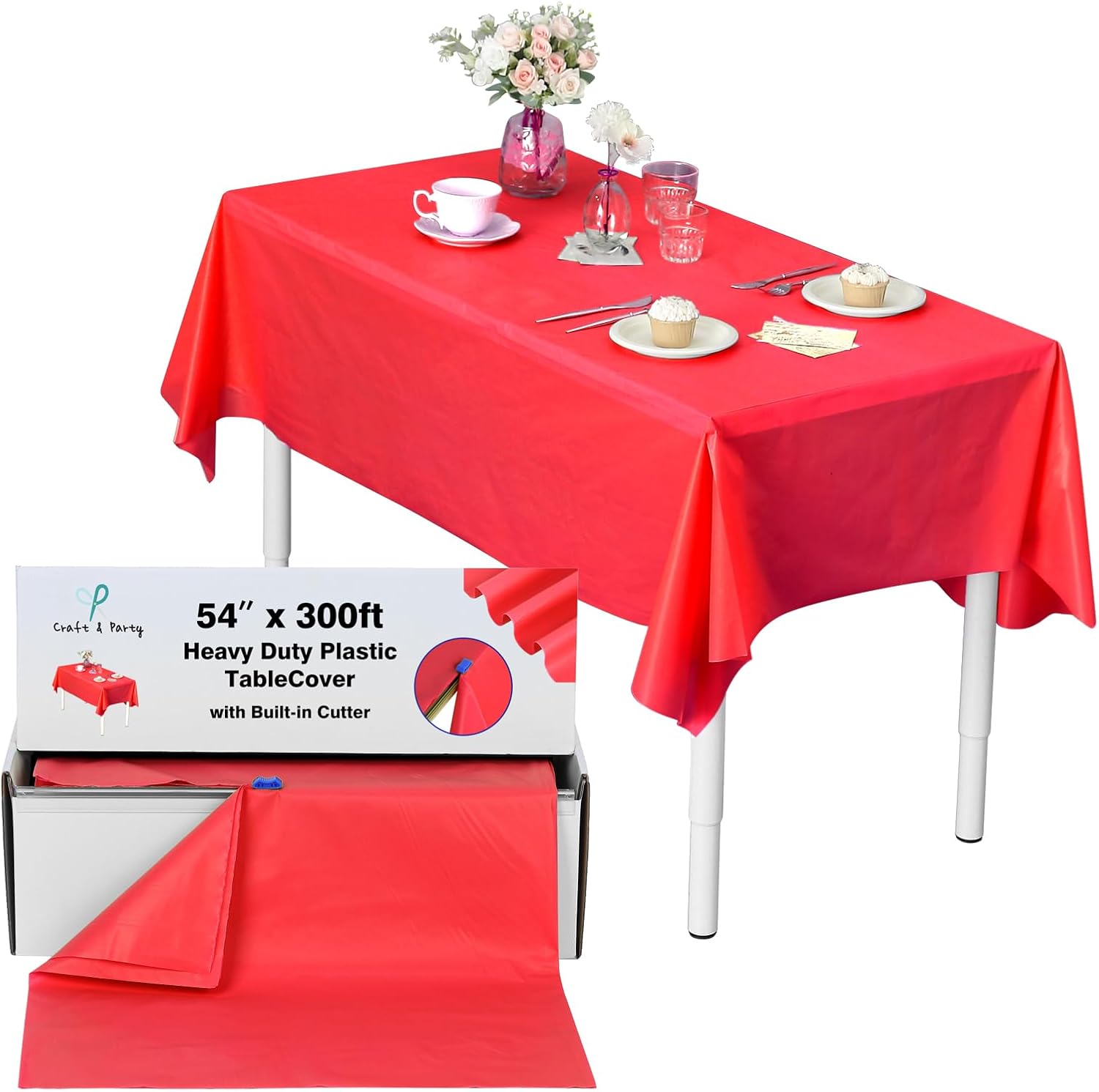 Craft And Party, 54 in x 300 feet Red Plastic Table Cover