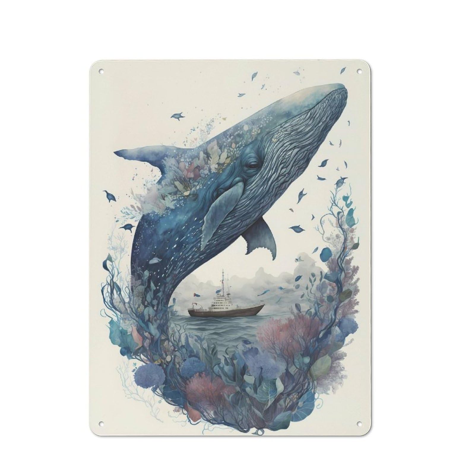 Vintage Tin Sign 40x30cm Featuring Whale Mystical, Industrial Wall Art for Garage, Workshop, Shed Or Utility Room