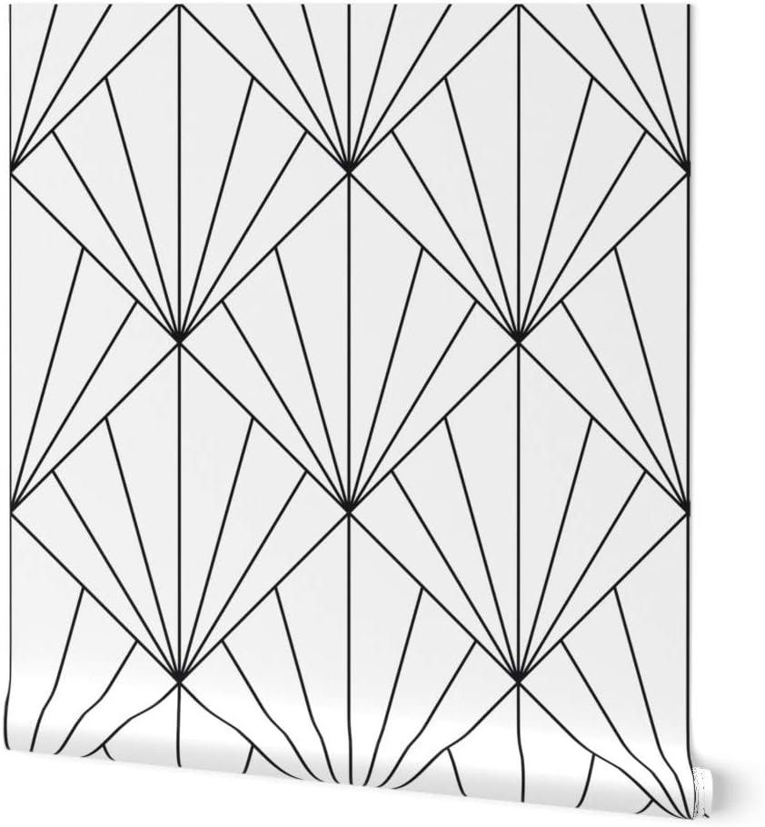 Spoonflower Commercial Grade Wallpaper Swatch - Sun Charcoal White Geometric Diamond Art Deco Black Triangle Line Traditional Wallpaper