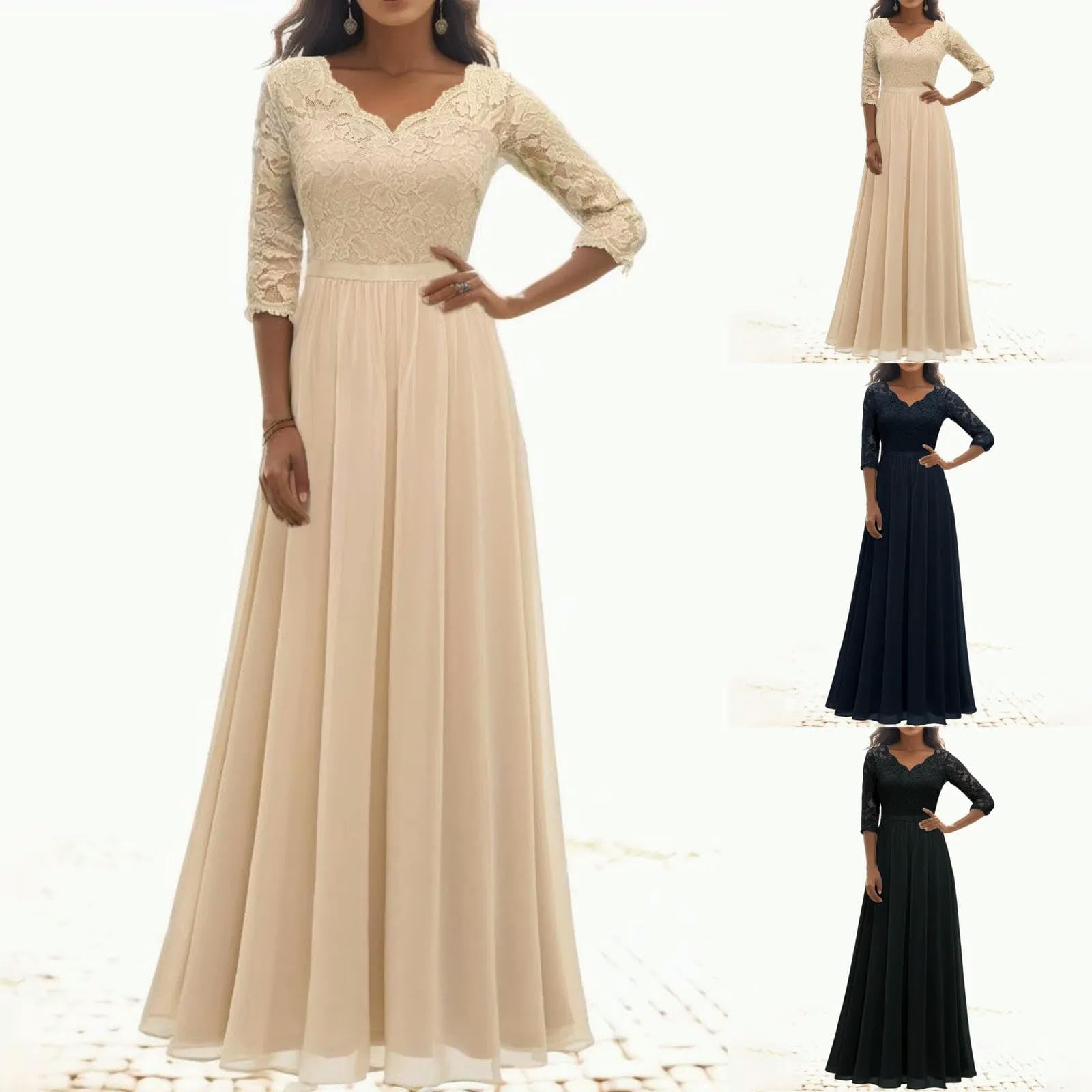 Elegante Vestido de Gasa de Encaje para Mujer, Vestido Largo Liso de Manga 3/4, Hueco, de Fiesta Grande, Corte A, Vestidos Formales para Bata de Invitados de Boda-Beige-L