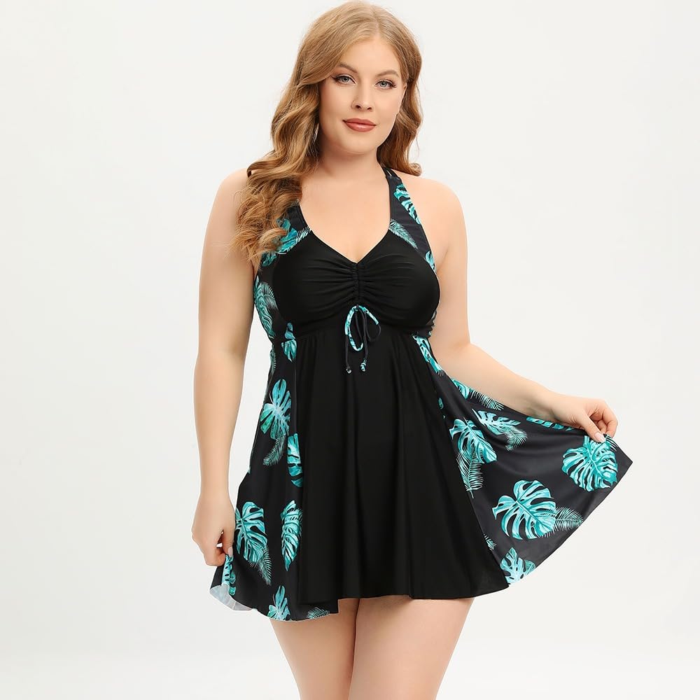 Costume da bagno a due pezzi taglie forti con coulisse Costume da bagno con stampa foglie tropicali