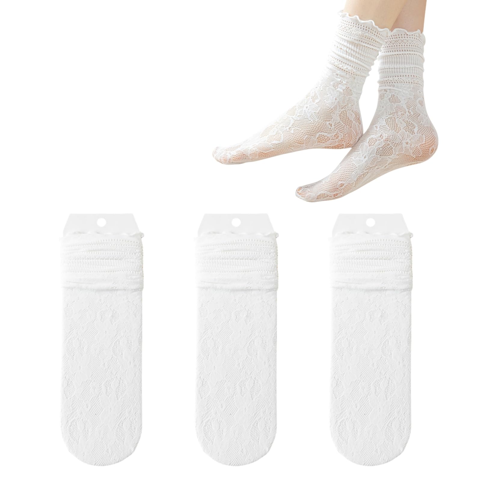 Duoyijin Women's White Lace Calf Socks 3 Pairs Cute Ruffle Frilly Cotton Sock Breathable Hollow Out Pop Socks For Girls,